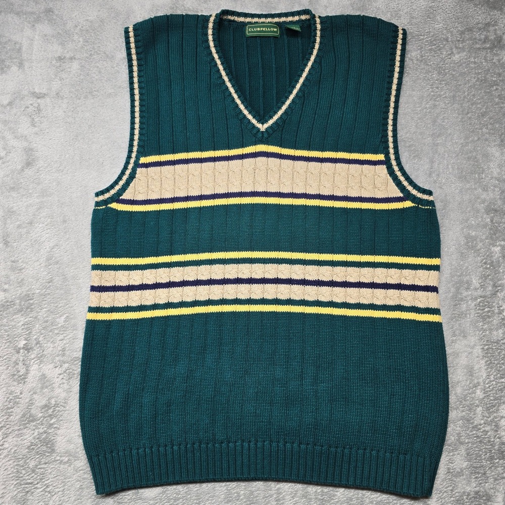 Clubfellow Striped Cable Knit V-Neck Cotton Sweater Mens Multi-Color Vest XLT
